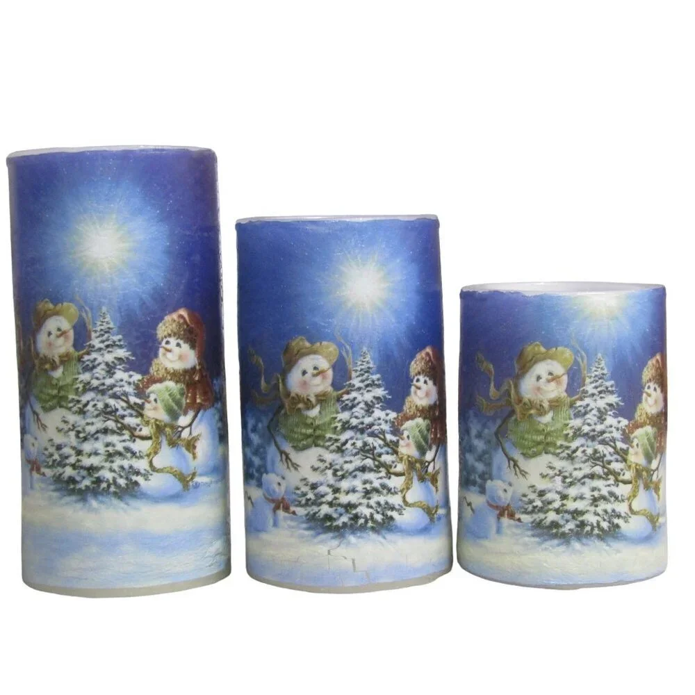 Holiday SNOWMAN NIB 3 Piece FLAMELESS LED Candle set Christmas Xmas Winter New